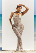 Women's Swimsuit Coverup Crochet Bikini Cover Ups Hollow Out Net Halter Sleeveless Swimwear for Beach 3 Pieces Long Dress