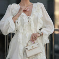 Solid Spliced Folds Slimming Mini Dresses for Women V Neck Long Sleeve Chic Elegant Coats Female Fashion Style
