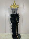 Women Sexy Elegant Evening Party Luxury Birthday Photo Shoot Performance Costume Sparkly Rhinestone Feather Mesh Long Dress