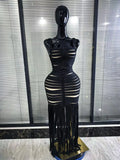 Black Color Women Sleeveless Sexy Square Collar Bodycon Fringes Bandage Long Dress Elegant Evening Party Celebrate Outfit