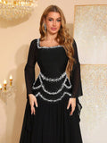 Beaded Spliced Folds Temperament Dresses For Women Square Collar Extra-Long Sleeves Patchwork Dress Female Clothing