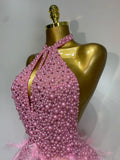 Luxury Rhinestones Pearls Halter Backless Short Feathers Dress Women Sexy Celebrate Birthday Dress Performance Dance Costume