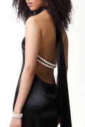 Elegant Solid Ribbon Women Halter Dress Off Shoulder Pearl Chain Backless Slim Female Maxi Dresses Wedding Gowns Chic Lady Robe