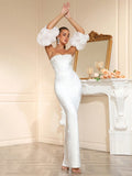 Women Sexy Strapless Diamond Maxi Long Bodycon Bandage Dress With Bubble Sleeves 2025 Elegant Evening Wedding Party Gowns