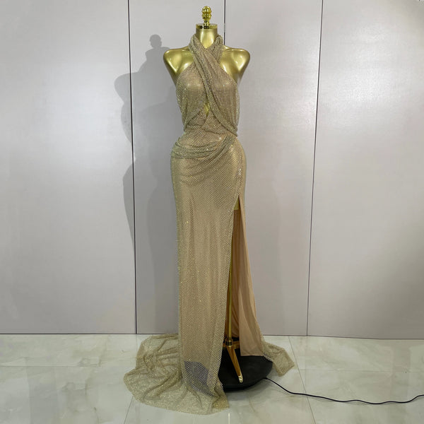 Luxury Shining Diamond Gold Mesh Backless Maxi Long Dress Women Elegant Photoshoot Evening Party Birthday Photoshoot Stage Wear
