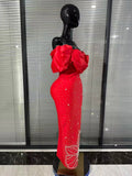 Red Color Women Sexy Off the Shoulder Beading Bodycon Long Bandage Dress Celebrate Fashion Evening Party Wedding Outfit