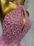 Sexy Halter Backless Feather Pearl Short Party Dress Women Luxury Rhinestone Celebrate Birthday Outfit Performance Dance Costume
