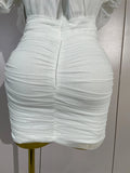 Women White Off The Shoulder Mesh Eveing Party Birthday Prom Nightclub Costumes Elegant Puff Sleeve Ruched Bodycon Mini Dress