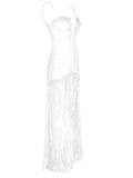 Sexy Spaghetti Strap Beaded Tassel Lace Long Dress Women White Sleeveless Bodycon Dresses Elegant Evening Dinner Gowns