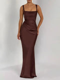 Sexy Satin Evening Long Dresses for Women Square Collar Sleeveless High Waist Folds Slimming Bodycon Dress Female