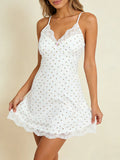 White Cozy Homewear Lace Trim Polka Dot Mini Slip Dress for Women Slim Satin Fabric Nightgown for Pajama Parties