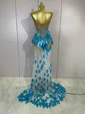 Luxury Sparkly Diamonds Pearls Strapless Mesh Maxi Dress Elegant Eveing Birthday Party Sexy Nightclub Performance Stage Costume