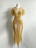 2026 New Crystal Tassel See Through Mesh Stretch Long Dress Sexy Banquet Dance Party Irregular Dress