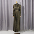Solid Spliced Belt Slim Pleated Dresses For Women Turtleneck Long Sleeve High Waist Temperament Long Dress Female Clothes
