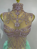 Women Sparkly Rhinestone Eveing Birthday Party Nightclub Bar Stage Costume Sexy Sleeveless Mesh Ruffled See Through Long Dress