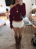 Elegant One Shoulder Beige Knitted Sweater Women's Pull Waist Off-Shoulder Sweatshirt Jumper Pullovers Clothes Autumn Winter New