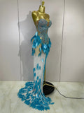 Luxury Sparkly Diamonds Pearls Strapless Mesh Maxi Dress Elegant Eveing Birthday Party Sexy Nightclub Performance Stage Costume