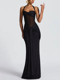 Sexy Sheer Mesh Fishtail Dress for Women Halter Sleeveless High Waist Patchwork Bandage Temperament Dresses Female