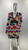 Women's Colorful Printed Jacquard Glam Deep V Mini Dress Fashion Hot Socialite Party Evening Performance Gown Robes Bal De Promo