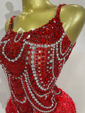Sparkly Silver Rhinestones Pearl Tassels Bodysuit 2025 New Women Sexy Eveing Birthday Party Nightclub Stage Performance Costume