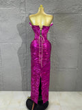 Fuchsia High-end Feather Floral Long Dress Women Hollow Cutout Long Gown Evening Prom Carnival Stage Performance Costume