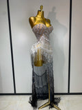 Women Sexy Strapless Rhinestone Tassels Maxi Long Dress Luxury Birthday Party Bar Nightclub Celebrity Stage Performance Outfit