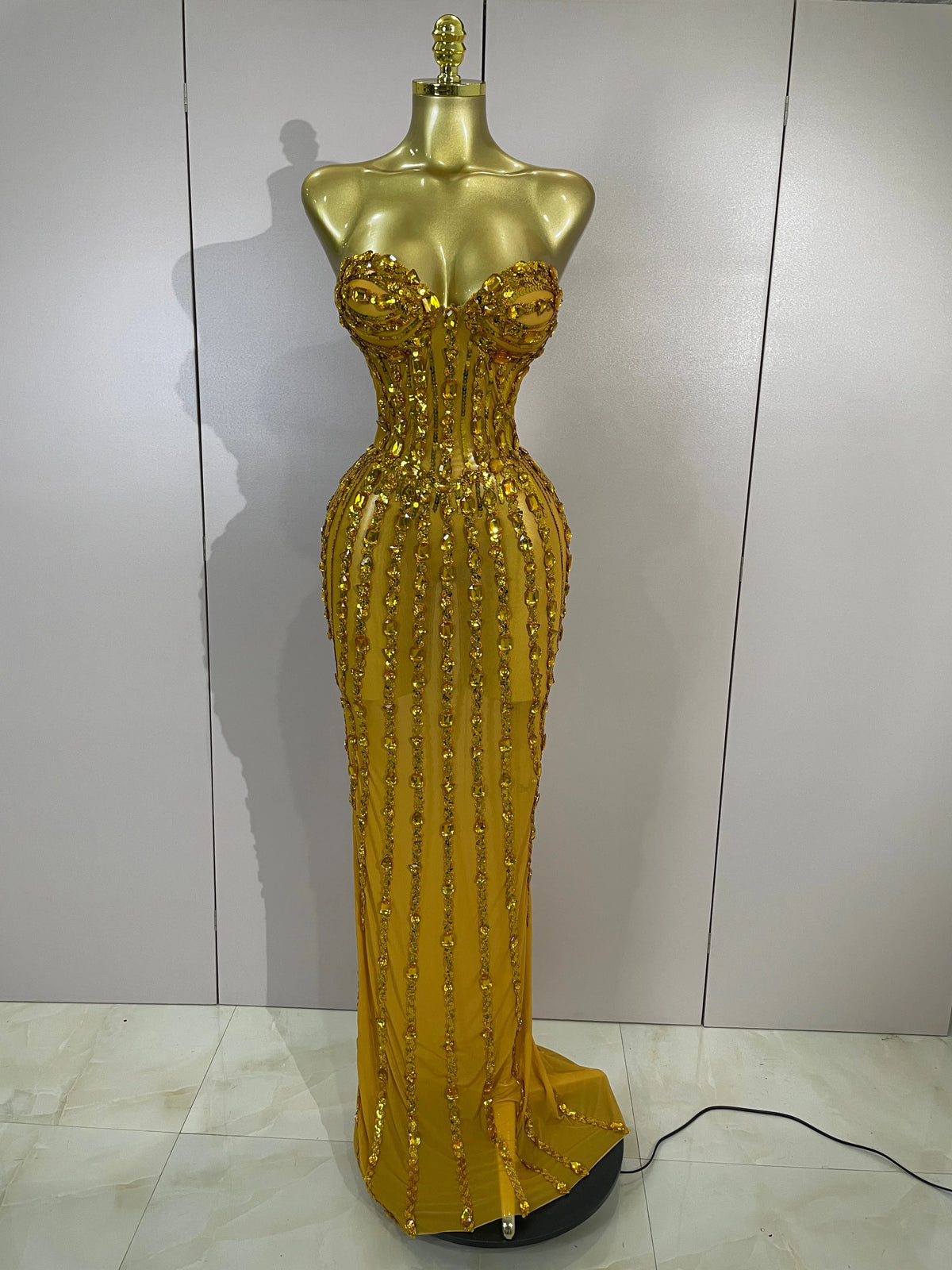 Elegance Golden Strapless Mesh See Through Long Dress Sparkly  Diamonds Evening Party Birthday Sexy Nightclub Singer Stage Wear