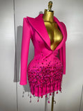 Sparkly Crystal Chains Pearls Long Sleeve Mini Dress 2025 Women Birthday Evening Party Nightclub Outfit Singer Wedding Costume