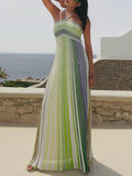 Colorblock Striped Holiday Long Dresses for Women Halter Sleeveless Slimming High Waist Backless Temperament Dress Female