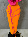 Luxury Elegant Orange Pink Strapless Bodycon Midi Dress Women Sexy 3D Floral Applique Outfit Date Night Party Costum