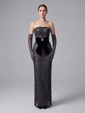 Sexy Strapless Sequin Mesh See Through Long Dress with Gloves Women Perspective Design Slim Dresses Evening Party Gowns