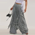 Grey Long Sleeve 2 Piece Outfit Chic Lapel Zip Slim Top Long Fringe Wide Leg Pants 2026 Autumn Women Casual Lady Matching Set