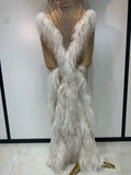 Women Sexy Strapless Sparkly Diamonds Tassel Mesh See Through Dress Celebrate Birthday Evening Party Nightclub Stage Costume
