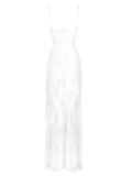 Sexy Spaghetti Strap Beaded Tassel Lace Long Dress Women White Sleeveless Bodycon Dresses Elegant Evening Dinner Gowns