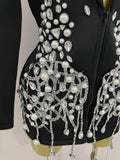 Sparkly Crystal Chains Pearls Long Sleeve Mini Dress 2025 Women Birthday Evening Party Nightclub Outfit Singer Wedding Costume