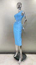 Flower Beads Glam Hollow Waist Slanted Shoulder Blue Dress Fashion Elegant Party Bandage Stage Performance Dress Vestido De Gala