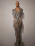 Women Sexy Mesh Sparkly Rhinestone Tassels Stretch Long Dress Evening Nightclub Singer Dance Stage Costume Luxury Birthday Gowns