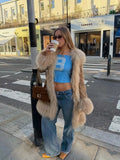 Women Shaggy Faux Fur Patchwork Mid Length Coat Lapel Open Front Long Sleeve Vintage Coats Elegant Winter Warm Outerwear 2026