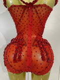 New Luxury Sparkly Red Rhinestones Stretch Bodysuit Women Birthday Party Nightclub Bar Singer Dancer Performance Stage Costume