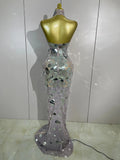 Sexy Silver Sparkly Round Sequin Pearl Women Backless Floor Length Dress Celebrate Birthday Evening Party Bar Queen Drag Costume