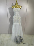 Women Sparkly Rhinestones Sexy Strapless Mesh See Through Mini Dress Birthday Party Evening Cocktail Dress Nightclub Stage Wear