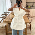 Summer Sleeveless Work Shirt Multi-Pocket Belted Loose Top For Women Lapel Collar Button Fashion Solid Color Cardigan Top
