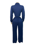 Casual Tracksuit 2-Piece Set Women Stripe Patchwork Zip Lapel Crop Jacket+Drawstring Pants Matching Sporty Outfits