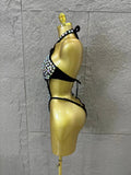 Gold Luxurious Black Bodysuit Women Sexy Halter Neck Iridescent Crystal Embellished Cutout Outfit Stage Performance Costume