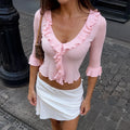 Ruffled Knit Casual Pullover Women's Bow Lace Up V-Neck Solid Slim Commuter T-Shirt Summer New Female Party Vacation Top
