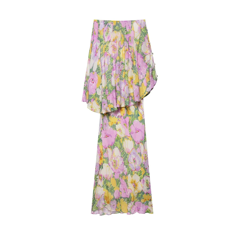 Summer Beach Floral Printing Dress for Women Strapless Sleeveless Spliced Folds Tiered Long Dresses Female Clothing