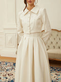 Elegant Bridesmaids White Two Piece Set for Women Lapel Pearl Accent Crop Jacket A Line Midi Skirts Suit for Formal Events