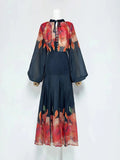 Vintage Loose Two Piece Set for Women V Neck Puff Sleeve Spliced Lace Up Top High Waist Fold Printing Skirt Suit Female New