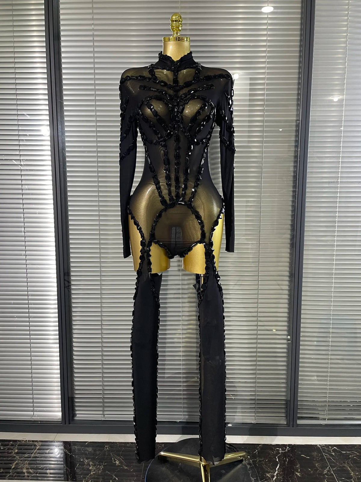 Red Black Women Long Sleeve Sexy Mesh See Through Sparkly Crystal Bodycon Jumpsuit Celebrate Nightclub Bar Dance Stage Wear