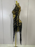 Women One Shoulder Latin Dance Outfits Sexy Leopard Print Sparkly Diamond Tassel See-Through Dress Nightclub Party Stage Costume